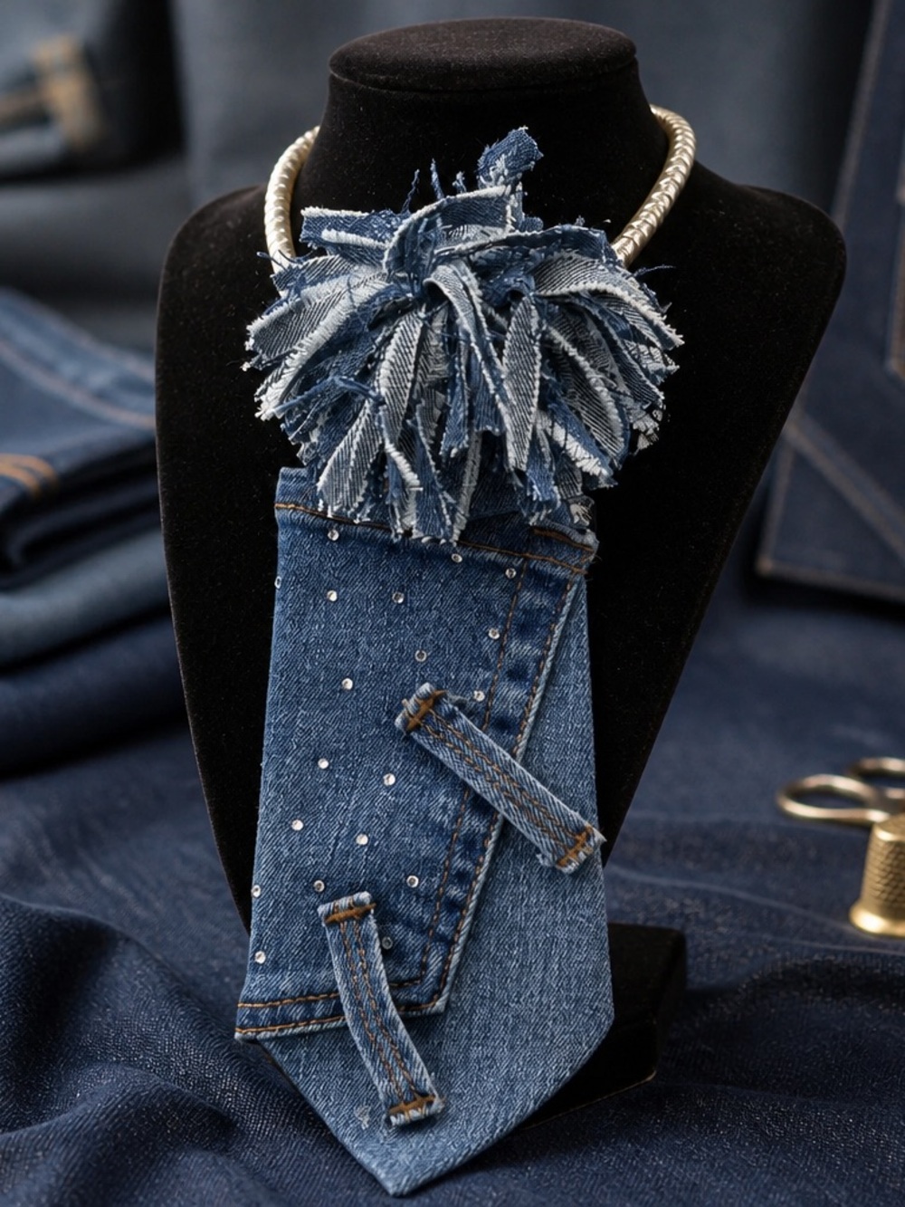 Upcycled Denim Handcrafted Junktie with Faux Pearl Necklace - Picture 1 of 1